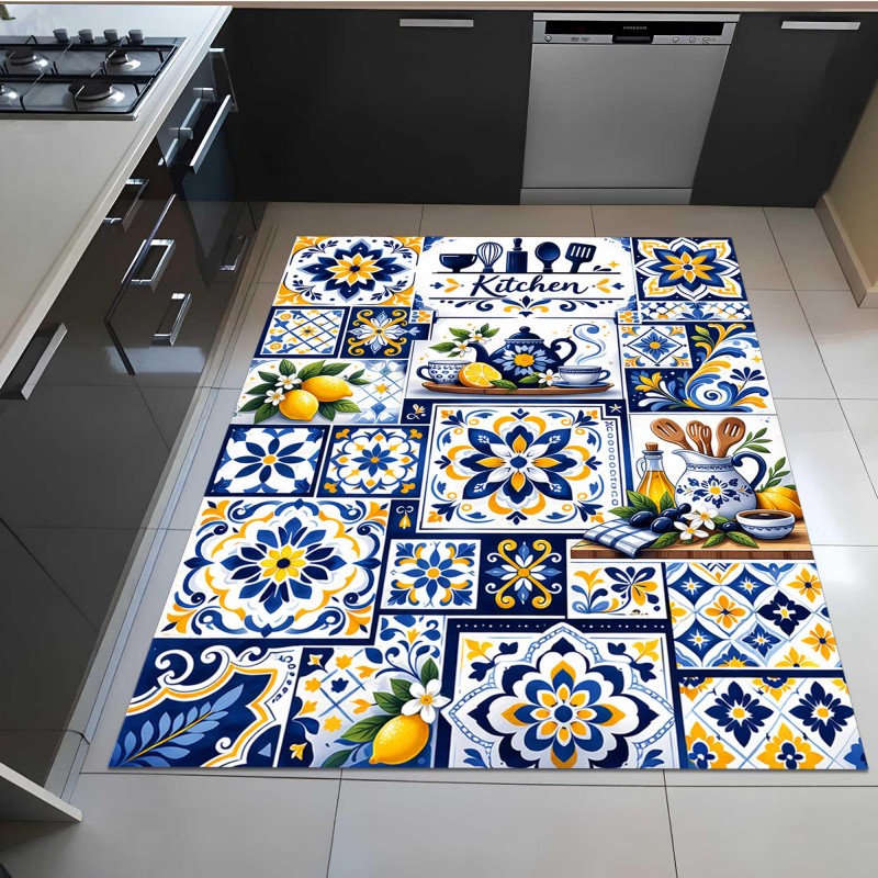 Commercial Kitchen Tile - พรมปูพื้นครัวลายโมเสคเมดิเตอร์เรเนียน ลายกาน้ำชาเลมอน ลายดอกไม้ สำหรับห้องรับประทานอาหาร พรมหรูหราสำหรับทางเข้าบ้าน พรมเช็ดเท้า